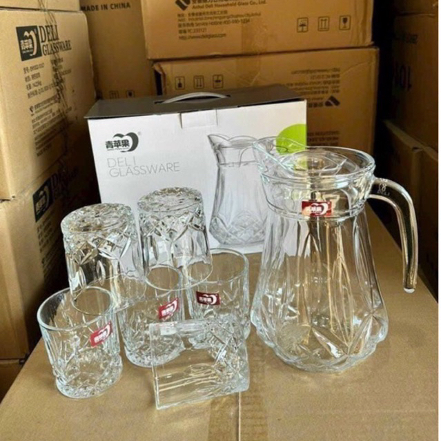 Bộ cốc thuỷ tinh kèm bình uống nước ,đựng nước, bộ 6 ly +bình chén thuỷ tinh, âu to