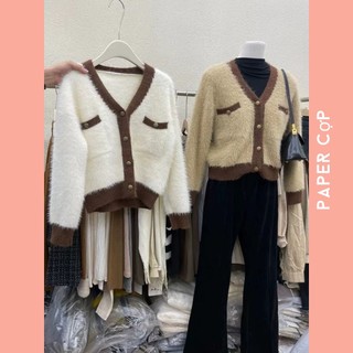 Áo khoác len Cardigan lông gài nút cổ chữ V form dáng Croptop phối viền màu hàng Quảng Châu cao cấp .