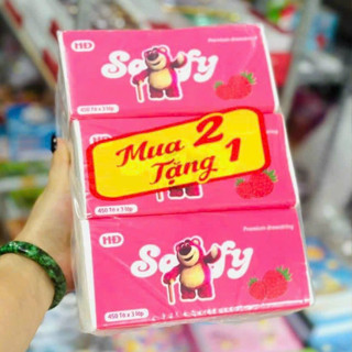 Sét 3 Khăn Giấy Lụa Rút Cao Cấp SOFY Gấu Dâu Mềm Mịn 450 Tờ ( Mua 2 Tặng 1 ) Hàng Loại 1