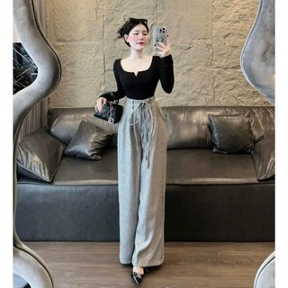 ￼Sét bộ thời trang nữ mặc đi chơi áo chất thun gân cổ vuông xẻ ngực tay dài phối quần tuyết mưa suông cột dây đen xám.