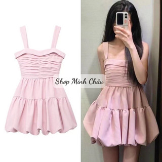 (Sẵn) Váy 2 dây mini hồng phấn bí ngô ngực nhún Zarraa
