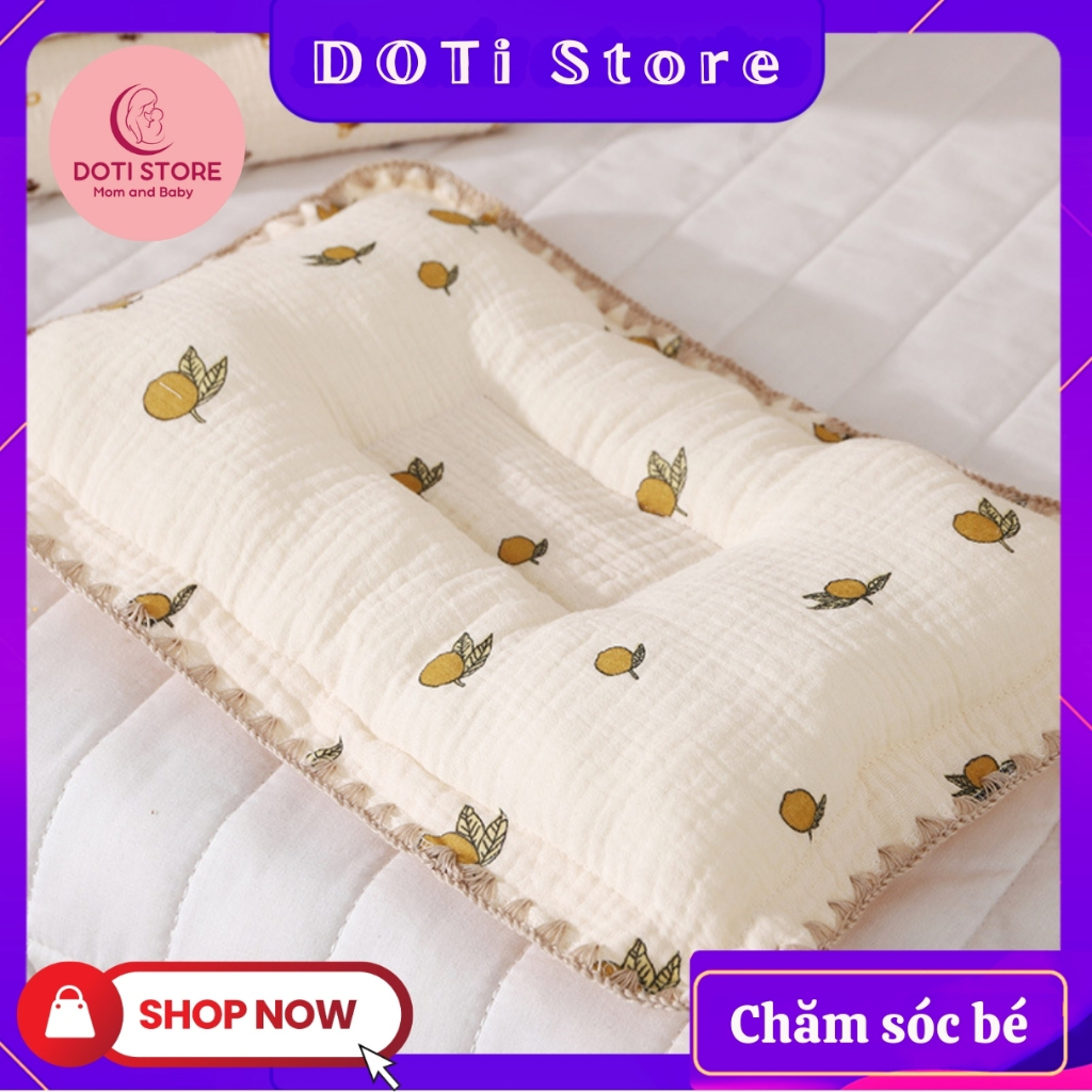 GỐI XÔ LÕM sơ sinh Muslin lõi bông tự nhiên chống méo đầu, thấm hút mồ hôi kích thước 25x40 cm