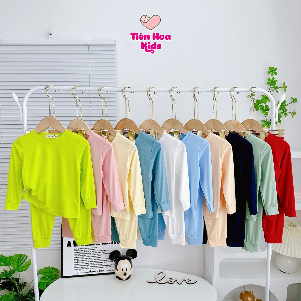 [Bé 7-19kg] Bộ Dài Tay Thun Lạnh Màu Trơn Cho Bé Trai, Bé Gái Mặc Ngủ Đi Học