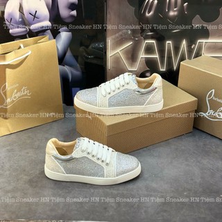 Giày Thể Thao Luxury Sneakers Louboutin Mũi Đinh Trắng Họa Tiết Đính Hạt Cườm Lấp Lánh Hàng Loại 1