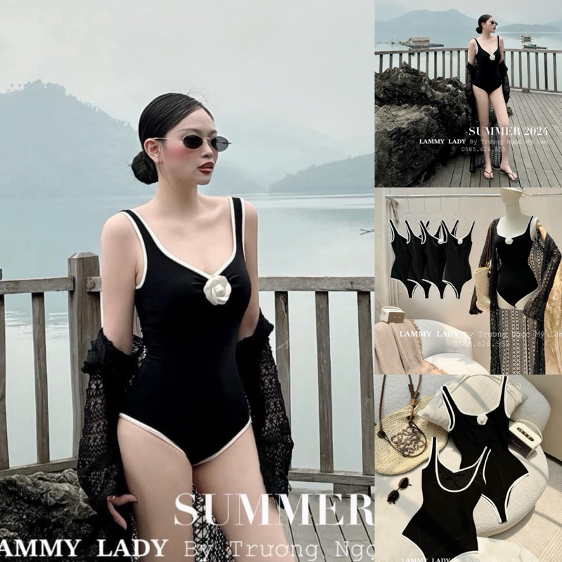 [Hoả Tốc Sẵn] Bộ đồ bơi, bikini nữ liền thân sát nách đen hoa trà viền trắng có mút hở lưng gợi cảm (có sẵn)