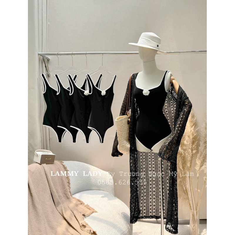 [Hoả Tốc Sẵn] Bộ đồ bơi, bikini nữ liền thân sát nách đen hoa trà viền trắng có mút hở lưng gợi cảm (có sẵn) | BigBuy360 - bigbuy360.vn