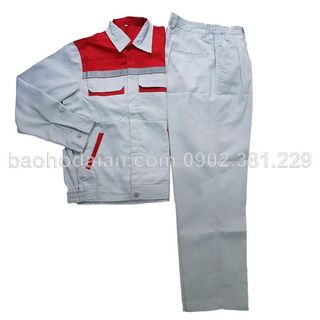 Quần áo bảo hộ công nhân vải kaki nam định màu ghi phối đỏ DN12