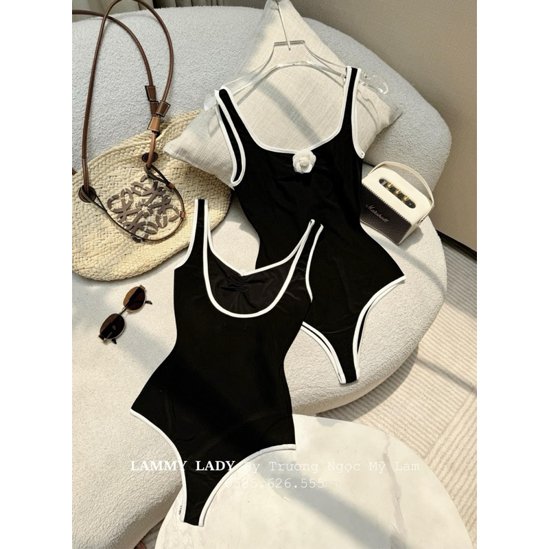 [Hoả Tốc Sẵn] Bộ đồ bơi, bikini nữ liền thân sát nách đen hoa trà viền trắng có mút hở lưng gợi cảm (có sẵn) | BigBuy360 - bigbuy360.vn