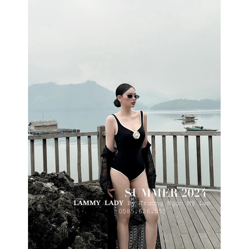 [Hoả Tốc Sẵn] Bộ đồ bơi, bikini nữ liền thân sát nách đen hoa trà viền trắng có mút hở lưng gợi cảm (có sẵn) | BigBuy360 - bigbuy360.vn