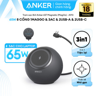 Trạm sạc để bàn Anker 637 MagGo 65W 8in1 (1 sạc từ tính+3 ổ cắm AC+2 cổng USB-A+2 cổng USB-C) A9137