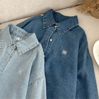 Áo sơ mi denim nữ thêu họa tiết tay dài áo sơ mi bò màu xanh đậm, xanh nhạt