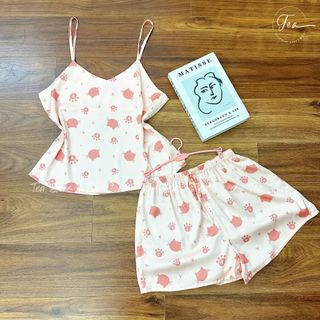 Bộ lụa hai dây họa tiết mặc nhà Pyjama TEA