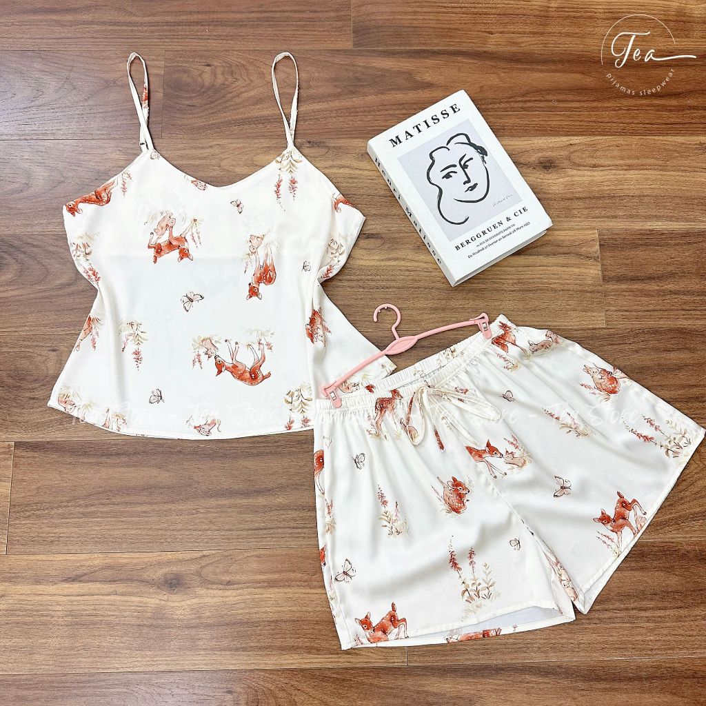 Bộ lụa hai dây họa tiết mặc nhà Pyjama TEA