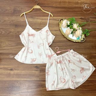 Bộ lụa hai dây họa tiết mặc nhà Pyjama TEA
