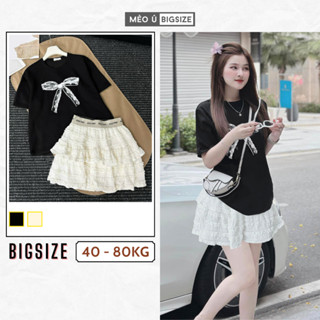 Set bộ đồ nữ BIGSIZE set áo phông họa tiết nơ cộc tay phối chân váy ren ngắn xếp ly tầng 1928