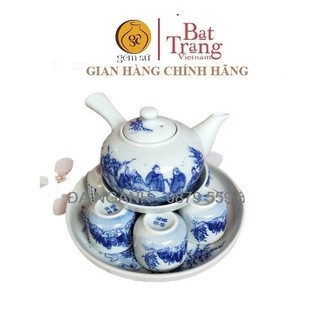 Bộ ấm chén uống trà có tay cầm, khay tròn, men lam Bát Tràng