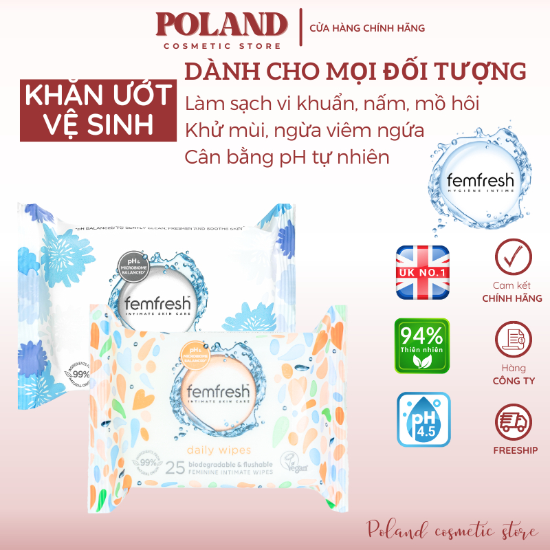 Khăn ướt vệ sinh vùng kín hằng ngày thay Dung dịch vệ sinh Femfresh Intimate Skincare Daily Wipes