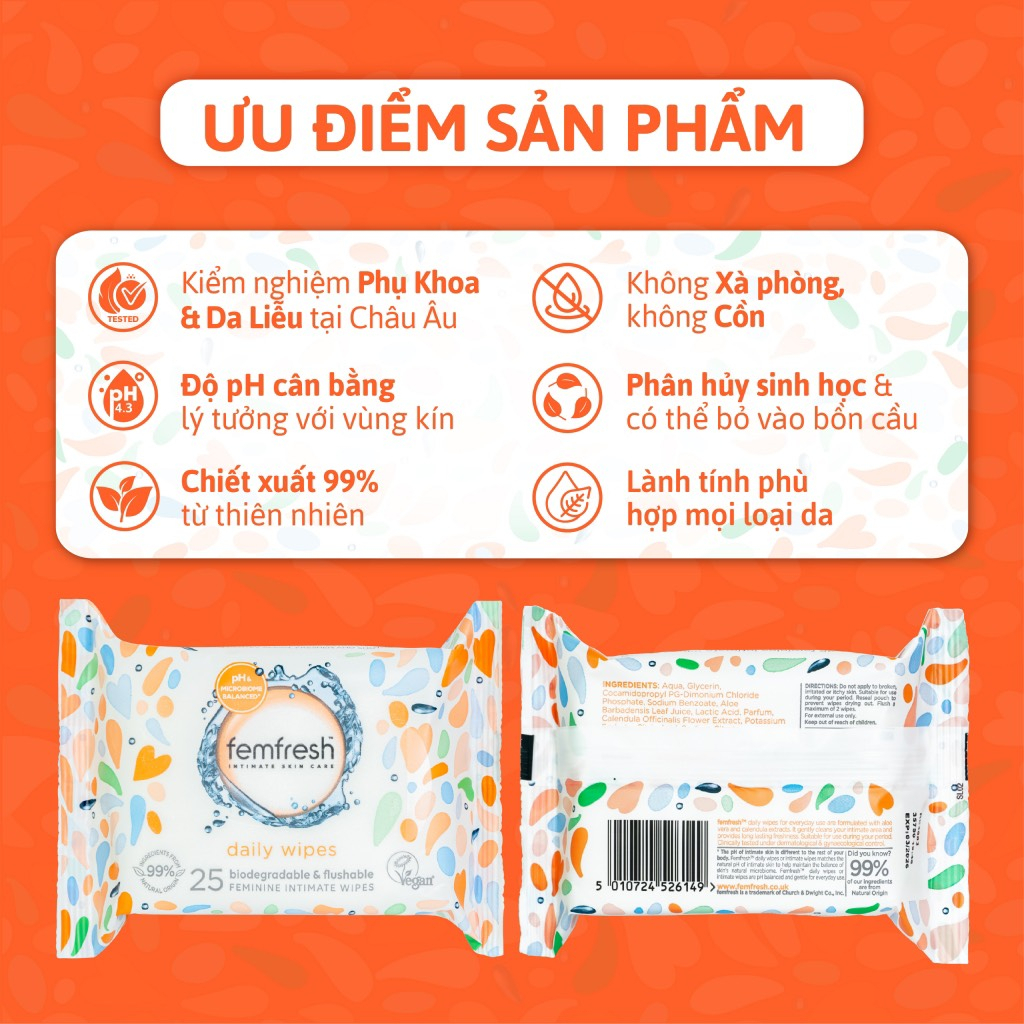 Khăn ướt vệ sinh vùng kín hằng ngày thay Dung dịch vệ sinh Femfresh Intimate Skincare Daily Wipes