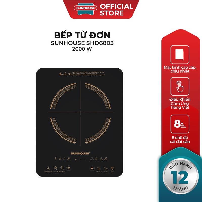 Bếp Điện Từ Đơn Cảm Ứng SUNHOUSE SHD6803 - Công suất 2000W- Tặng kèm nồi lẩu- 8 Chế độ nấu