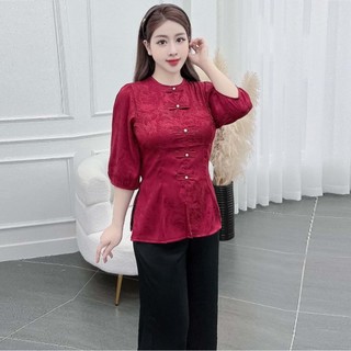 Đồ bộ áo bà ba cách tân cho nữ đồ lam đi chùa cao cấp vải lụa gấm - cn168