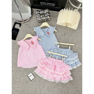 Sét bộ kẻ áo cổ bèo nơ chân váy 3 bèo tầng cho bé gái