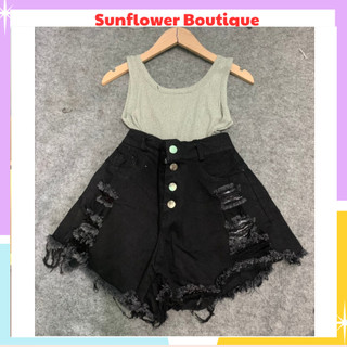 Set bộ áo 2 dây croptop ôm body phối kèm quần short jeans 4 cúc đen