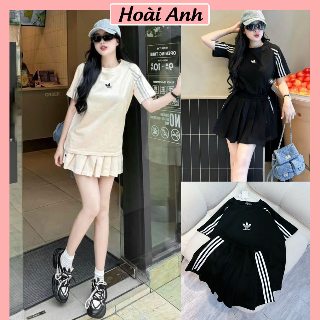 Set Bộ Đồ Thể Thao Nữ Adidass Umi Xốp Áo Phông 3 Sọc Tay Logo In Pet Mix Chân Váy Tennis Xếp Ly Chạy Rót Sọc Freesize