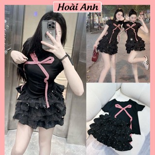 XẢ KHO 99K Set Bộ Đồ Nữ Áo Zip Đen Ôm Body Ngắn Tay Nơ Kẻ Đỏ Gắn Nổi Mix Chân Váy Họa Tiết Nơ Chấm Bi Xòe Bèo Tầng