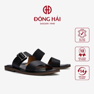 Dép nam da bò Đông Hải 2 quai ngang đính khóa kim loại - D1813