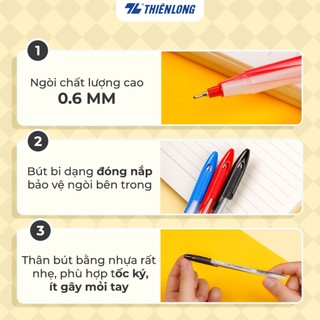 Bút bi Thiên Long TL-090, Bút bi Candee ngòi 0.6mm có nắp đậy, mực xanh/đỏ/đen, trọng lượng nhẹ, nét viết êm, mượt