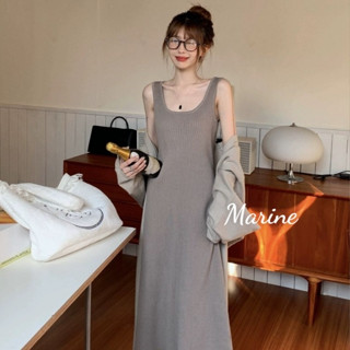 MARINE  Váy hai dây len gân dáng xuông phong cách Vintage Hàn Quốc [V17]