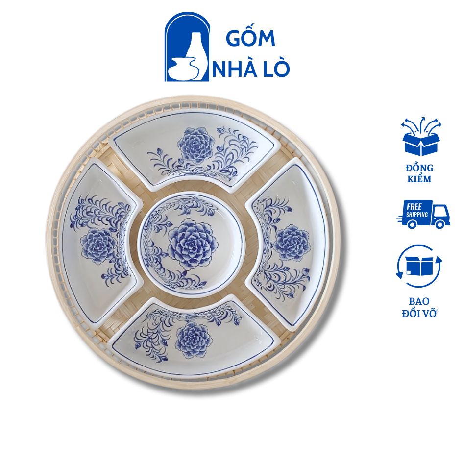 Bát Khay Tre Gốm Sứ Bát Tràng Dùng Bày Mâm Cúng Thắp Hương, Đựng Bánh Kẹo Đồ Ăn Chè Cháo
