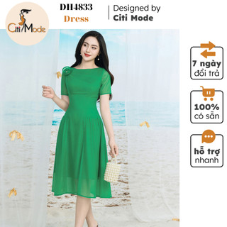 Đầm công sở CITI MODE FASHION thiết kế dáng xoè xanh cổ thuyền đính hoa DH4833
