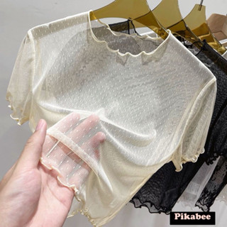 Áo Ren Lưới Croptop Cổ Tròn Ngắn Tay Hoạ Tiết Chấm Bi Viền Bèo Nhún Siêu Xinh Mặc Đi Chơi, Dạo Ph
