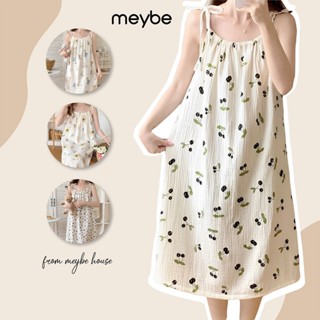 Váy babydoll bầu ngủ mùa hè Muslin dáng suông hai dây điều chỉnh dễ dàng dưới 65kg bầu bí bon chen thoải mái Meybe-MBE03