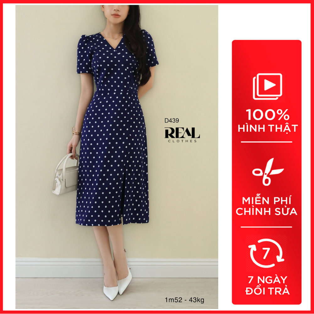 Đầm Công Sở Chéo Chấm Bi Xanh_REAL