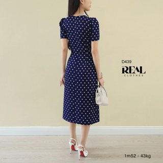 Đầm Công Sở Chéo Chấm Bi Xanh_REAL