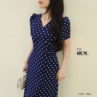 Đầm Công Sở Chéo Chấm Bi Xanh_REAL