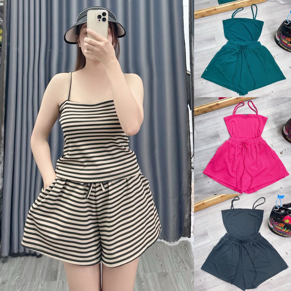  Set Đồ Bộ Bigsize Nữ Áo Croptop Hai Dây Quần Short Lưng Chun Túi Vải Thun Gân Co Giãn Thấm Hút Mồ Hôi 50-59kg SET19 