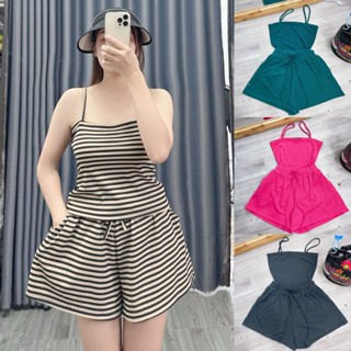 Set Đồ Bộ Bigsize Nữ Áo Croptop Hai Dây, Quần Short Lưng Chun Túi Vải Thun Gân Co Giãn Thấm Hút Mồ Hôi 50-59kg SET19