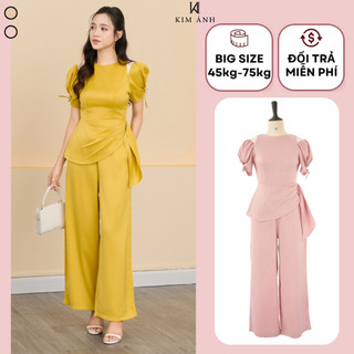 Set Quần Ống Rộng KIM ÁNH Áo Kiểu Nữ Thiết Kế Tà Xéo Tay Rút Chất Lụa Cao Cấp Mùa Hè Mặc Đi Tiệc Đi Làm Bigsize SB2801