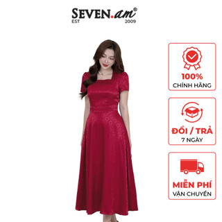 Đầm xoè tay cộc lụa đỏ hoa nổi cổ U xếp ly thời trang nữ Seven.AM H633536Z