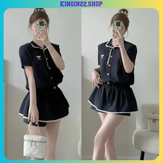 ( Hàng Chuẩn Loại 1) Set Jumpsuit Cộc Tay Cổ Tàu Cúc Đồng Đính Viền Ren Mix Quần Short Phong Cách Châu Âu kingin22