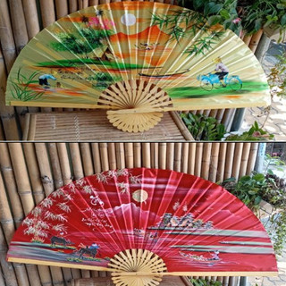 Quạt vải lụa lớn in phong cảnh việt nam trang trí chụp hình tiệc cưới decor treo tường