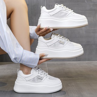 Giày thể thao trắng độn đế nữ cao 6cm da phối lưới thoáng chân năng động dễ phối đồ đi học đi làm đi chơi, M91