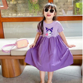 Váy bé gái hoạ tiết kuromi hot hit màu tím, đầm bé gái cộc tay kẻ sọc ngang sz 10-30kg