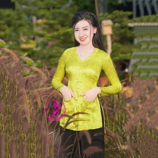Áo bà ba nữ vải gấm lụa màu vàng bơ cổ tim, có túi Nam Phương - Mã SP: GNP109Tt
