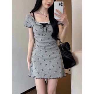 Đầm váy thun gân chấm bi hoạ tiết nơ ôm body xoè nhẹ xám đen tay ngắn