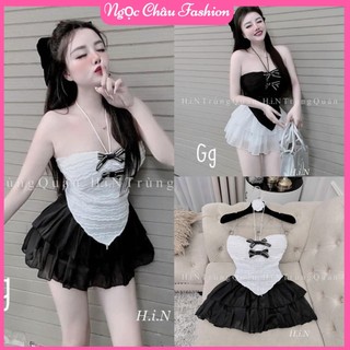 Set áo yếm chất xốp vạt nhọn đính nơ có mút ngực phối chân váy xòe tầng voan form 38-51kg