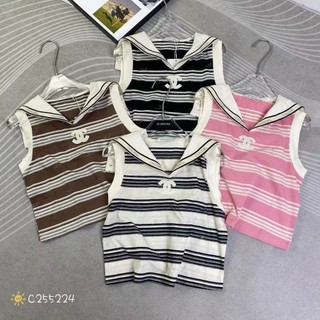 Áo thun sát nách nữ cổ bẻ thuỷ thủ kẻ sọc thêu X hàng Quảng Châu chất cotton, áo phông không tay form vừa mùa hè 255224